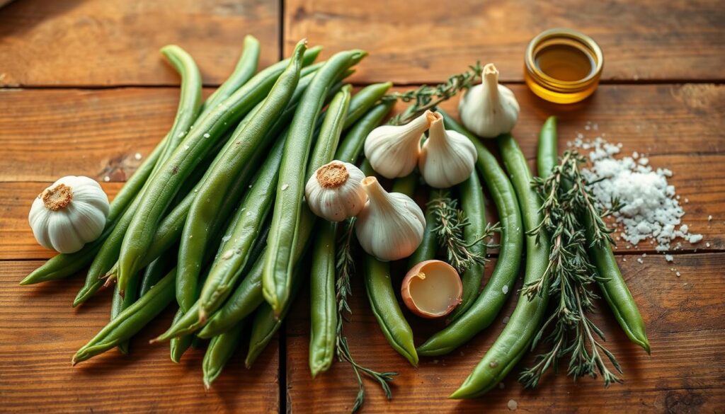 A neatly arranged still life on a rustic wooden table, showcasing the ingredients for seasoned green beans: fresh, vibrant green beans, garlic cloves, shallots, thyme sprigs, olive oil, and a sprinkle of sea salt. The lighting is warm and natural, casting gentle shadows that add depth and texture to the scene. The camera angle is slightly elevated, allowing the viewer to appreciate the array of ingredients from an appetizing perspective. The overall mood is one of simplicity, freshness, and culinary anticipation, setting the stage for a delectable and flavorful dish. homemade green beans seasoning