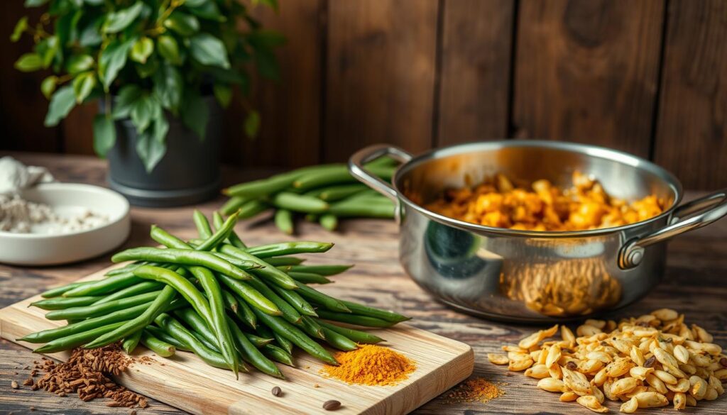 A neatly arranged still life showcasing various Indian cooking tips for green beans. In the foreground, a cutting board with a vibrant pile of fresh, crisp green beans, accompanied by fragrant spices like cumin, mustard seeds, and turmeric. In the middle ground, a stainless steel saucepan with a golden-brown sizzling mixture of sautéed onions, garlic, and ginger, hinting at the flavors to come. The background features a rustic wooden table, with a lush, leafy potted plant adding a touch of natural greenery. The lighting is warm and inviting, casting a soft, golden glow over the scene, capturing the essence of authentic Indian cuisine. Easy Indian Green Beans Cooking Tips