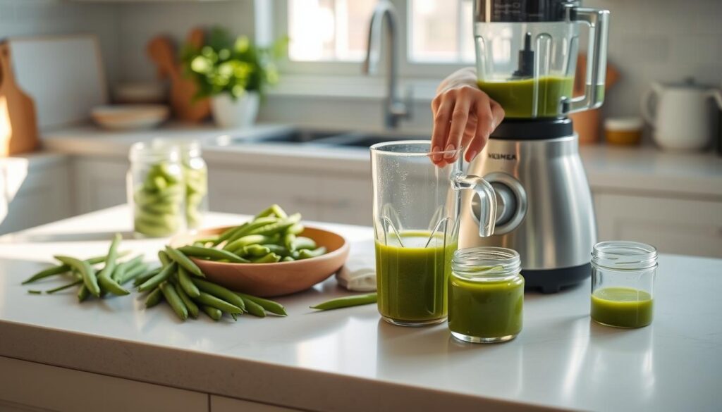 A neatly organized kitchen counter, bathed in soft, diffused natural light streaming through a nearby window. On the surface, a selection of fresh green beans, a high-powered blender, and various baby food jars. Hands gently manipulate the beans, expertly blending them into a smooth, vibrant purée, capturing the process of creating homemade, nutritious baby food. The scene exudes a sense of calm, care, and culinary mastery, perfectly suited to illustrate the "Puréed Baby Food Techniques for Green Beans" section of the article. Puréed Baby Food Techniques for Green Beans