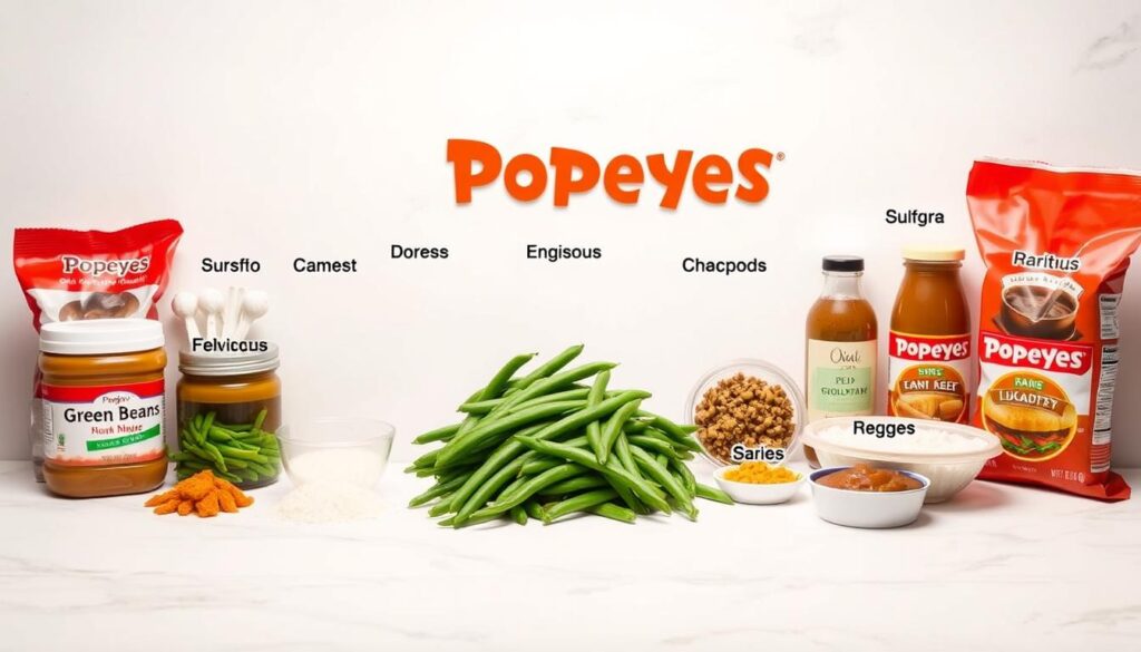 A neatly organized list of ingredients for Popeyes' famous green beans, presented against a clean, minimalist backdrop. The items are arranged in a visually appealing manner, with each ingredient clearly visible and easily identifiable. The lighting is soft and diffused, creating a warm, inviting atmosphere that complements the savory nature of the dish. The camera angle is slightly elevated, providing a clear, unobstructed view of the ingredients. The overall composition is balanced and visually striking, effectively showcasing the key components needed to recreate the beloved Popeyes green bean recipe. Ingredients Needed for Popeyes Green Beans