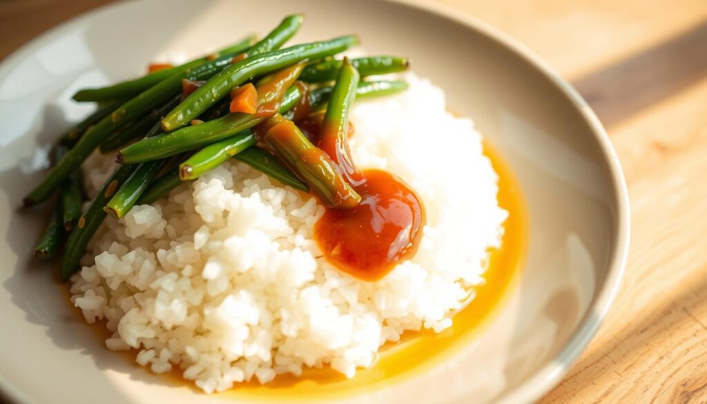 A neatly plated dish showcasing a fluffy bed of aromatic white rice, surrounded by a sautéed medley of vibrant green beans, finished with a light drizzle of savory sauce. The scene is bathed in warm, natural lighting, creating a cozy, inviting atmosphere. The camera is positioned slightly above the dish, capturing its delectable details in sharp focus, inviting the viewer to imagine the satisfying textures and flavors. The overall composition is clean and minimalist, allowing the delicious-looking ingredients to take center stage. Rice and Green Beans Recipe