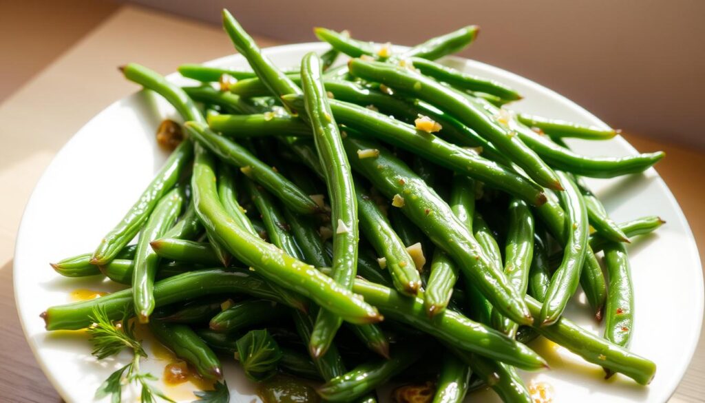 A plate filled with a vibrant array of crisp, perfectly cooked green beans, drizzled with a rich, aromatic olive oil dressing. The beans glisten under the warm, natural lighting, casting a soft, inviting glow. In the foreground, a few scattered herbs, such as fragrant parsley or dill, add a touch of freshness. The background features a simple, minimalist setting, allowing the star of the dish to take center stage. The overall composition exudes a sense of simplicity and elegance, perfectly capturing the essence of Miznon's renowned green beans recipe.