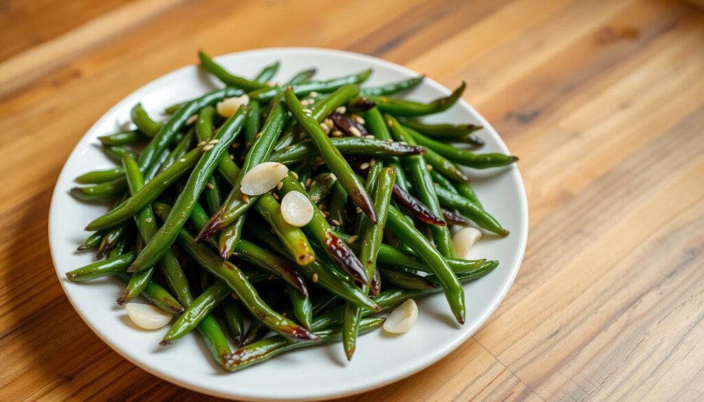 A plate of freshly cooked Chinese-style green beans, resting on a wooden tabletop. The beans are vibrant green, with a slight charred edge, indicating they were quickly stir-fried. Scattered around the plate are a few sliced garlic cloves and a sprinkle of toasted sesame seeds, adding depth of flavor. The lighting is soft and warm, creating a cozy, homemade atmosphere. The camera angle is slightly elevated, giving a birds-eye view of the dish, showcasing its simple yet appetizing presentation. The overall mood is one of simplicity, comfort, and the inviting aroma of a delicious, easy-to-prepare Chinese green bean recipe. Storing and Reheating Leftovers