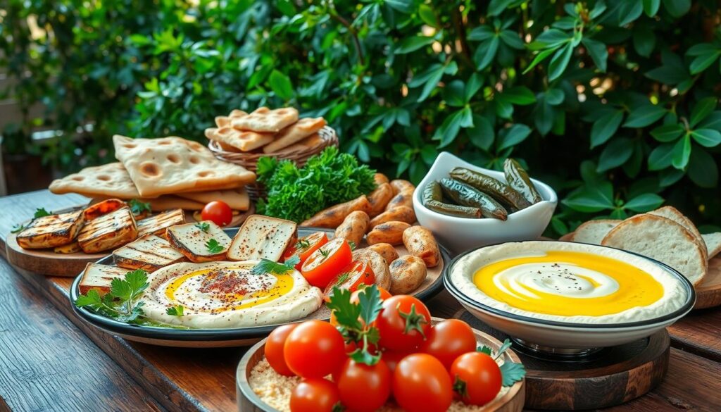 A rich and vibrant spread of traditional Lebanese cuisine, featuring an array of meze dishes artfully arranged on a rustic wooden table. In the foreground, a platter of creamy hummus, garnished with a drizzle of olive oil and a sprinkle of fragrant sumac. Beside it, a colorful display of grilled halloumi cheese, juicy tomatoes, and vibrant green parsley. In the middle ground, a selection of warm pita breads, freshly baked, and stuffed grape leaves, their emerald hues contrasting with the earthy tones of the table. The background is adorned with a backdrop of lush, verdant foliage, casting a soft, natural light upon the scene, evoking the essence of Lebanese culinary traditions. Key Ingredients in Traditional Lebanese Dishes