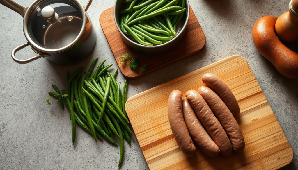 A rustic kitchen counter tops, with a cutting board, stainless steel cookware, and fresh green beans and Italian sausages. Warm, golden lighting casts a cozy glow, while a neutral background allows the ingredients to take center stage. The scene conveys the simplicity and homemade nature of a quick, weeknight meal. The composition is balanced, with the sausages and green beans arranged attractively, inviting the viewer to imagine the delicious flavors and aromas. An overhead, slightly angled camera angle provides an appetizing, bird's-eye view of the cooking preparation. Simple Cooking Methods for Savory Sausage and Green Beans