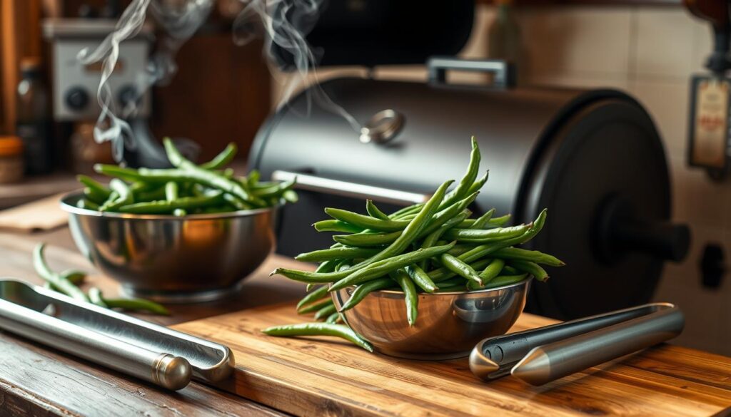 A rustic kitchen counter with a cutting board, a stainless steel bowl filled with fresh green beans, and a pair of tongs. In the background, a professional-grade smoker or grill, its lid slightly ajar, emitting tendrils of fragrant smoke. The lighting is warm and natural, casting a soft glow over the scene. The composition is balanced, with the green beans taking center stage, inviting the viewer to imagine the savory, smoky flavors to come. The overall mood is one of anticipation and culinary expertise, capturing the essence of properly smoking green beans for a delicious and healthy side dish. How to Smoke Green Beans Properly
