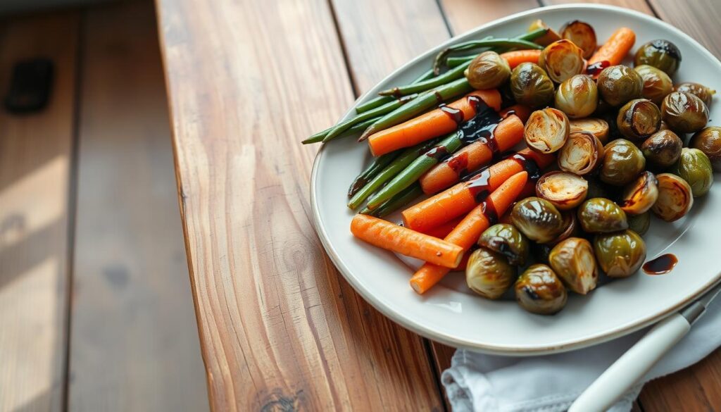 A rustic wooden table, its surface warm and weathered, set with a platter of roasted vegetables - vibrant green beans, tender carrots, and crisp brussels sprouts, drizzled with a glistening balsamic glaze. Soft, natural lighting bathes the scene, casting gentle shadows and highlighting the caramelized edges of the roasted produce. The arrangement is simple yet elegant, inviting the viewer to imagine lifting a fork and savoring the earthy flavors. The overall atmosphere is one of casual, homespun charm, perfectly suited to accompany a hearty, home-cooked meal. A rustic wooden table, its surface warm and weathered, set with a platter of roasted vegetables - vibrant green beans, tender carrots, and crisp brussels sprouts, drizzled with a glistening balsamic glaze. Soft, natural lighting bathes the scene, casting gentle shadows and highlighting the caramelized edges of the roasted produce. The arrangement is simple yet elegant, inviting the viewer to imagine lifting a fork and savoring the earthy flavors. The overall atmosphere is one of casual, homespun charm, perfectly suited to accompany a hearty, home-cooked meal.