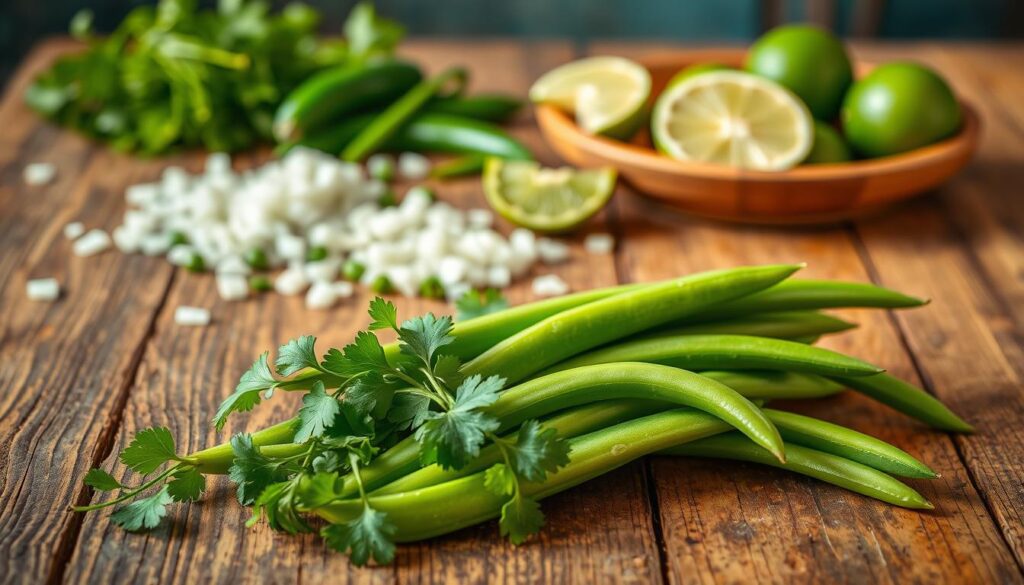 A rustic wooden table, its surface worn with time, holds an array of vibrant Mexican ingredients. In the foreground, plump, glossy green beans rest alongside fresh cilantro sprigs, their vibrant green hues contrasting with the earthy tones of the table. In the middle ground, a scattering of diced white onions, vibrant green jalapeño peppers, and juicy lime wedges add depth and texture. The background is softly blurred, creating a focus on the essential elements for crafting an authentic Mexican green bean dish. Warm, natural lighting casts a golden glow, evoking the comforting and homespun essence of traditional Mexican cuisine. A rustic wooden table, its surface worn with time, holds an array of vibrant Mexican ingredients. In the foreground, plump, glossy green beans rest alongside fresh cilantro sprigs, their vibrant green hues contrasting with the earthy tones of the table. In the middle ground, a scattering of diced white onions, vibrant green jalapeño peppers, and juicy lime wedges add depth and texture. The background is softly blurred, creating a focus on the essential elements for crafting an authentic Mexican green bean dish. Warm, natural lighting casts a golden glow, evoking the comforting and homespun essence of traditional Mexican cuisine.