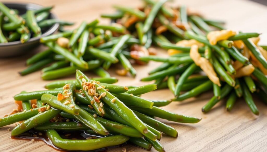 A selection of Japanese green beans in various preparation styles, expertly arranged on a light wooden surface. In the foreground, steamed beans dressed in a savory soy-based sauce, garnished with toasted sesame seeds. In the middle ground, crunchy green beans sautéed with garlic and ginger, their vibrant color shimmering under soft, diffused lighting. Finally, in the background, a pile of crisp, tempura-fried green beans, their delicate batter glistening. The overall composition evokes the simplicity and elegance of traditional Japanese cuisine, inviting the viewer to explore the diverse flavors and textures of this versatile vegetable. Variations on the Traditional Recipe