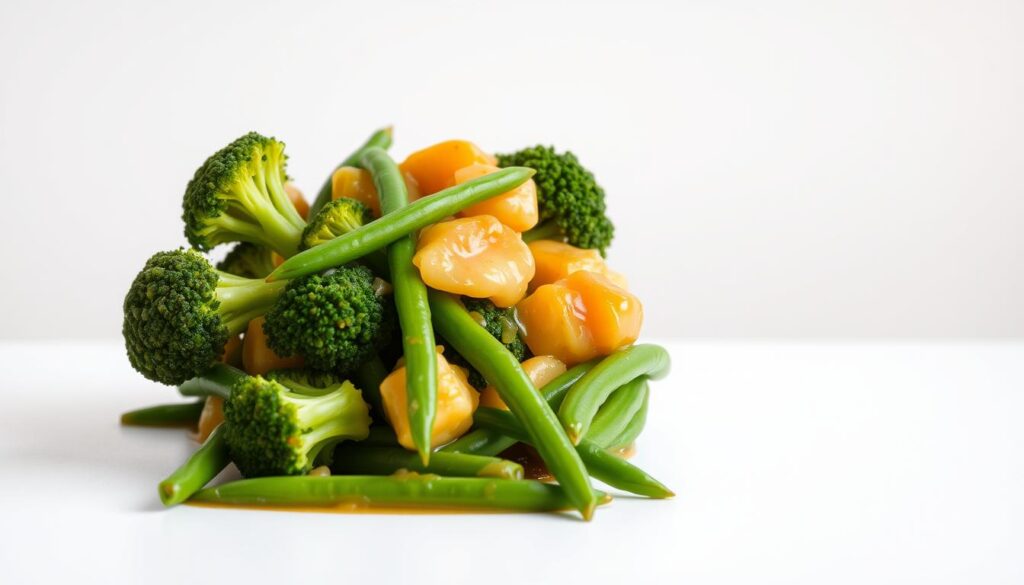 A simple and delectable veggie dish with vibrant broccoli florets and slender green beans, bathed in a light, savory sauce. Set against a plain, minimalist background with a soft, natural lighting that accentuates the fresh, crisp textures of the vegetables. Captured from a slightly elevated angle to showcase the dish's alluring arrangement and clean, appetizing presentation. The overall mood is one of wholesome, home-cooked goodness, inviting the viewer to savor a healthy, flavorful meal. Healthy Broccoli and Green Beans Recipe