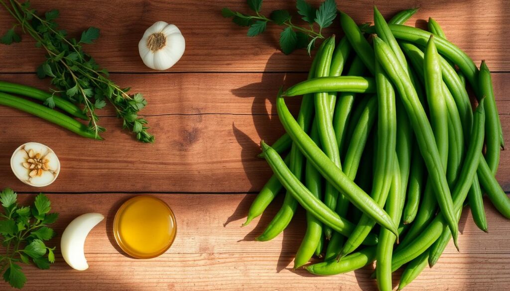 A simple canned green beans recipe, with fresh, vibrant green beans arranged neatly on a wooden surface. The beans are accompanied by a selection of complementary ingredients, such as sliced garlic, sprigs of fresh herbs, and a touch of olive oil. The scene is bathed in soft, natural lighting, creating a warm and inviting atmosphere. The composition is clean and uncluttered, allowing the ingredients to take center stage. The overall mood is one of simplicity, freshness, and culinary delight, perfectly capturing the essence of the "Ingredients for a Simple Canned Green Beans Recipe" section. Ingredients for a Simple Canned Green Beans Recipe