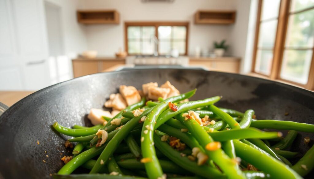 A simple stir-fry recipe with fresh Japanese green beans as the star. In the foreground, a large wok sizzles with garlic, ginger, and soy sauce, the green beans glistening with a light char. In the middle ground, sliced chicken or tofu simmers, absorbing the savory flavors. The background features a clean, minimalist kitchen, with natural light streaming in from a large window, casting a warm, inviting glow. The scene is captured with a wide-angle lens, emphasizing the simplicity and elegance of the dish. The overall mood is one of comfort and authenticity, reflecting the essence of traditional Japanese home cooking. Japanese Green Beans Recipe