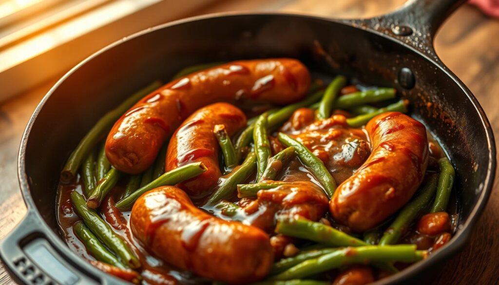 A sizzling cast-iron skillet filled with plump, juicy sausages nestled among vibrant green beans, all drizzled in a rich, savory sauce. Warm, golden lighting casts a cozy glow, highlighting the enticing textures and colors. The scene exudes a comforting, homestyle atmosphere, inviting the viewer to imagine the delightful aroma and satisfying flavors. Crisp, high-resolution details capture the rustic elegance of this simple yet satisfying one-pan dish, the perfect solution for a quick and tasty weeknight meal. Flavorful Sausage Green Beans Skillet