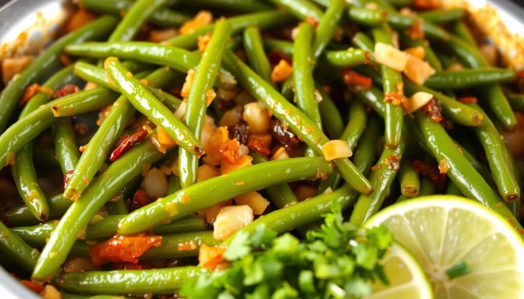 A steaming platter of vibrant green beans, freshly sautéed with garlic, onions, and a kick of chili peppers. The beans glisten under the warm, golden lighting, their crisp texture contrasted by the rich, spicy sauce that clings to their surfaces. In the foreground, a sprinkling of chopped cilantro and a squeeze of fresh lime add a final layer of zesty freshness. The overall scene evokes the bold, flavorful essence of authentic Mexican cuisine, perfectly capturing the essence of "Spicy Mexican Green Beans". A steaming platter of vibrant green beans, freshly sautéed with garlic, onions, and a kick of chili peppers. The beans glisten under the warm, golden lighting, their crisp texture contrasted by the rich, spicy sauce that clings to their surfaces. In the foreground, a sprinkling of chopped cilantro and a squeeze of fresh lime add a final layer of zesty freshness. The overall scene evokes the bold, flavorful essence of authentic Mexican cuisine, perfectly capturing the essence of "Spicy Mexican Green Beans".