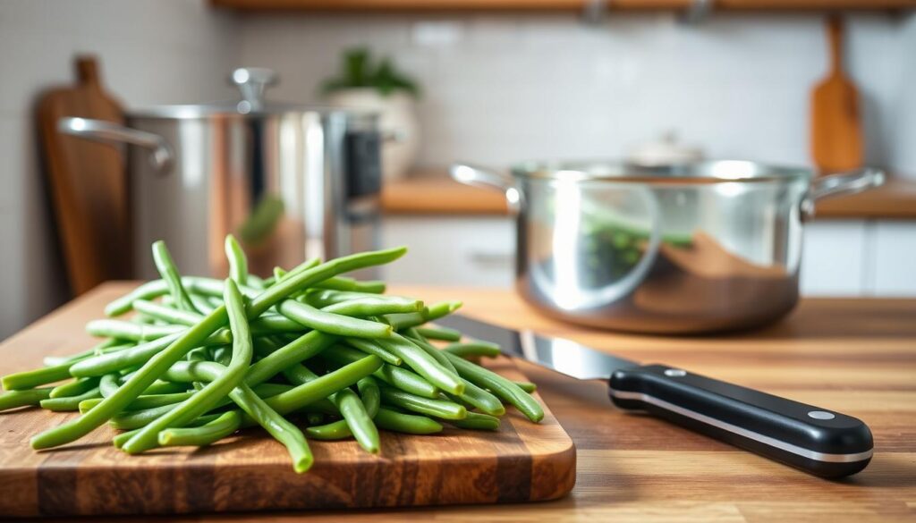 A step-by-step visual guide for a quick and flavorful frozen green beans recipe. In the foreground, a wooden cutting board showcases neatly trimmed and washed green beans, with a sharp knife positioned nearby. In the middle ground, a stainless steel pot filled with simmering water reflects the scene, while in the background, a bright, airy kitchen with white tiles and wooden accents sets a warm, inviting atmosphere. The lighting is soft and natural, highlighting the vibrant green hue of the beans and the clean, minimalist styling. The overall composition conveys a sense of simplicity, efficiency, and culinary expertise, perfectly capturing the essence of the "Frozen Green Beans Recipe: Quick and Flavorful" article. Instructions for a Quick Frozen Green Beans Recipe