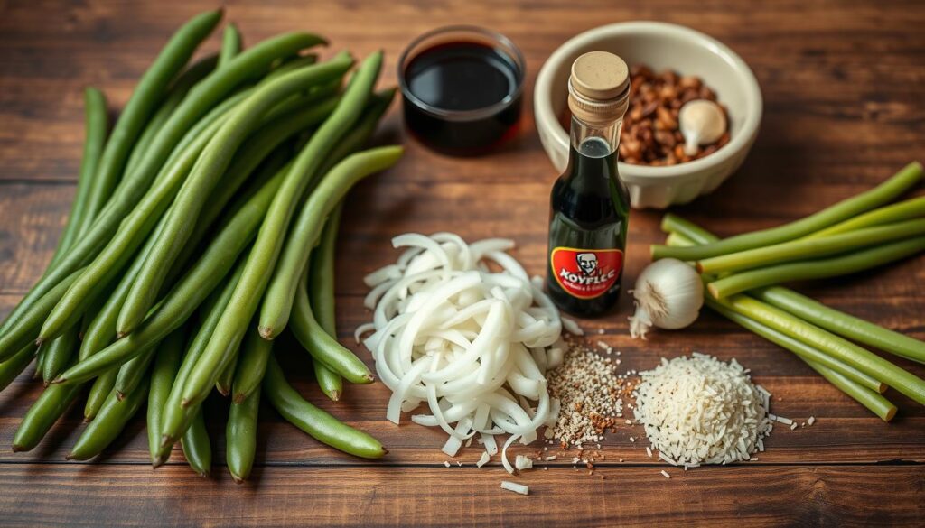 A stylish still life showcasing the essential ingredients for a delectable KFC-style green beans recipe. A wooden table is adorned with a carefully curated arrangement of fresh green beans, sliced onions, minced garlic, soy sauce, and a sprinkle of seasonings. The lighting is soft and diffused, creating a warm, inviting atmosphere. The camera angle is slightly elevated, providing a clear, unobstructed view of the ingredients. The overall composition is visually appealing, with a focus on the vibrant colors and textures of the fresh produce. This image would perfectly complement the "Ingredients You'll Need for the Recipe" section of the article on "Tasty KFC-Style Green Beans: Quick & Simple Recipe." Secret Spices for Authentic Flavor
