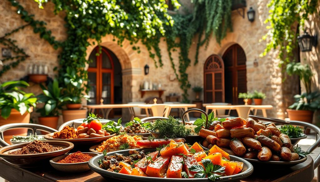A sun-dappled Mediterranean courtyard, with a rustic stone facade and lush greenery cascading down the walls. In the foreground, an inviting spread of colorful dishes - fragrant spices, fresh herbs, and the rich hues of roasted vegetables. The scene exudes a warm, convivial atmosphere, as if inviting the viewer to pull up a chair and savor the flavors of Miznon's celebrated Mediterranean cuisine. Soft, natural lighting filters through the scene, casting a golden glow and highlighting the textures of the food and architecture. The overall impression is one of authentic, homestyle cooking in a welcoming, vibrant setting - a true embodiment of Miznon's pioneering spirit in Mediterranean fare.