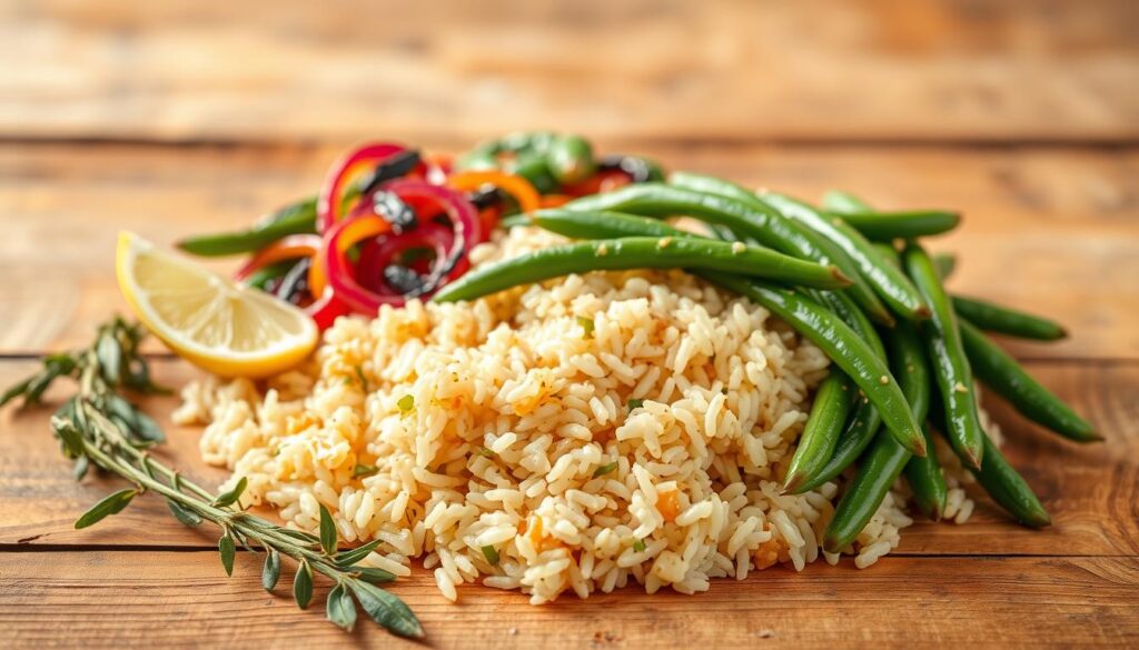 A vibrant and appetizing dish of vegetarian rice and green beans, beautifully arranged on a rustic wooden table. The rice is fluffy and aromatic, complemented by the crisp, tender green beans that have been sautéed with garlic and a hint of lemon. The composition features a variety of textures and colors, creating a visually appealing and harmonious display. Warm, natural lighting casts a soft glow over the scene, evoking a sense of comforting homemade cuisine. The image conveys a wholesome and nourishing meal, perfect for showcasing the delicious recipe variations of this beloved vegetarian dish. Vegetarian Rice and Green Beans Recipe Variations