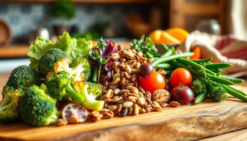 A vibrant and appetizing display of healthy side dish ideas, captured under warm, natural lighting with a soft, inviting focus. In the foreground, a variety of fresh, colorful vegetables - crisp broccoli florets, tender green beans, and other seasonal produce - artfully arranged on a rustic wooden board. The middle ground features a selection of complementary ingredients like roasted nuts, seeds, and herbs, adding texture and depth. The background suggests a cozy, kitchen-inspired setting, with hints of wooden cabinetry and natural fabrics, creating a welcoming, homemade atmosphere. The overall composition is both visually appealing and representative of nourishing, wholesome side dish alternatives. Healthier Alternatives to Traditional Side Dishes