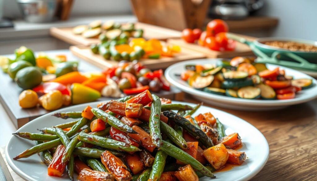 A vibrant and appetizing scene of roasted vegetables being incorporated into a variety of delicious meals. In the foreground, a plate features a hearty serving of roasted green beans and carrots, their caramelized edges and rich colors inviting the viewer to dig in. In the middle ground, various other roasted vegetables such as Brussels sprouts, bell peppers, and zucchini slices are arranged artfully on cutting boards and plates, ready to be added to salads, pasta dishes, or grain bowls. The background showcases a kitchen setting with natural lighting streaming in, casting a warm glow on the scene. The overall mood is one of rustic, homemade comfort and the celebration of seasonal, flavorful produce. A vibrant and appetizing scene of roasted vegetables being incorporated into a variety of delicious meals. In the foreground, a plate features a hearty serving of roasted green beans and carrots, their caramelized edges and rich colors inviting the viewer to dig in. In the middle ground, various other roasted vegetables such as Brussels sprouts, bell peppers, and zucchini slices are arranged artfully on cutting boards and plates, ready to be added to salads, pasta dishes, or grain bowls. The background showcases a kitchen setting with natural lighting streaming in, casting a warm glow on the scene. The overall mood is one of rustic, homemade comfort and the celebration of seasonal, flavorful produce.