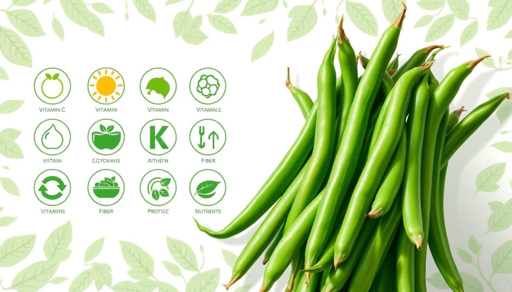 A vibrant and detailed illustration of the health benefits of green beans. The foreground features a cluster of fresh, crisp green beans against a light background, highlighting their natural colors and textures. The middle ground showcases various vitamins, minerals, and nutrients symbolized by stylized icons, such as vitamin C, vitamin K, and fiber. The background subtly incorporates a leafy, botanical pattern, creating a sense of wellness and vitality. The lighting is soft and natural, casting gentle shadows and accentuating the organic forms. The overall composition conveys the nutritional value and health-promoting properties of this versatile vegetable. Health Benefits of Green Beans