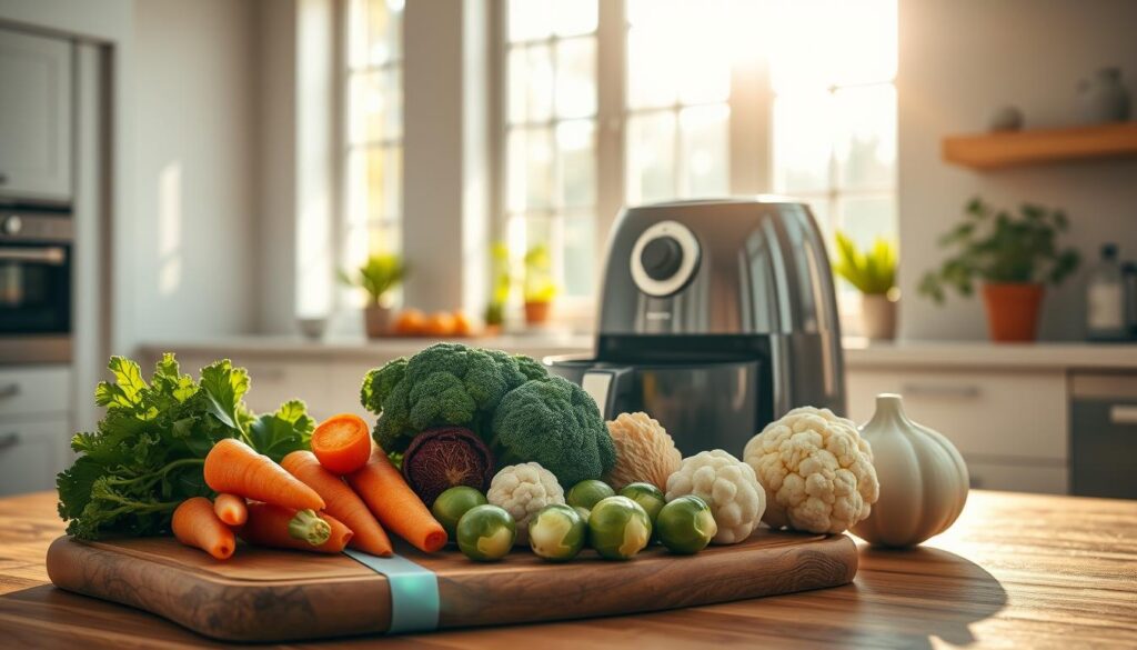 A vibrant and inviting scene of an airy kitchen, bathed in warm, natural light streaming through large windows. In the foreground, an assortment of fresh, vibrant vegetables - carrots, broccoli, cauliflower, and Brussels sprouts - are artfully arranged on a rustic wooden cutting board. The middle ground features an open, gleaming air fryer, its lid slightly ajar, hinting at the delicious, healthy meal being prepared. The background showcases a minimalist, modern kitchen, with clean lines and hints of greenery, conveying a sense of wellness and wholesome living. The overall atmosphere is one of inspiration, encouraging the viewer to explore and experiment with new, nutritious vegetable options. Enhancing Flavor with Spices