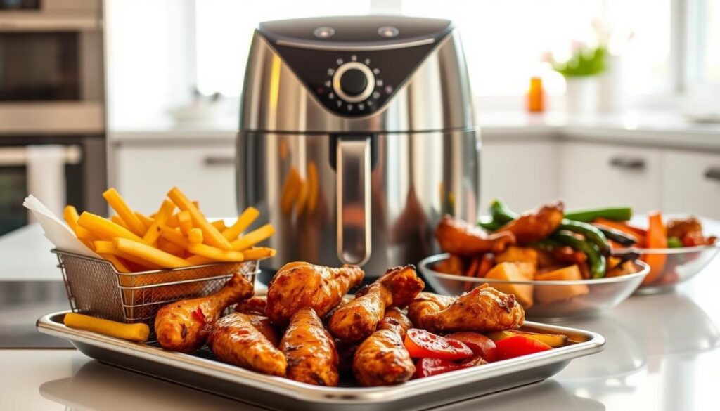 A vibrant, appetizing scene of quick and easy air fryer recipes for busy days. In the foreground, a selection of tempting dishes - crispy french fries, juicy chicken wings, and roasted vegetables - arranged on a sleek metal tray. The middle ground features a modern, streamlined air fryer, its gleaming chrome body casting a warm glow. In the background, a minimalist kitchen setting with clean white surfaces and natural light streaming in, creating a cheerful, upbeat atmosphere. The lighting is soft and diffused, highlighting the textures and colors of the freshly prepared meals. A sense of efficiency and effortless convenience pervades the scene, inviting the viewer to imagine the joys of quick, delicious air fryer cooking. Quick Air Fryer Recipes for Busy Days