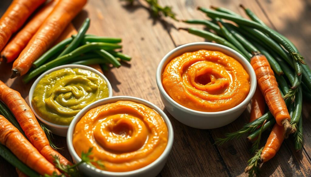 A vibrant, appetizing still-life scene of purees and side dishes featuring freshly steamed carrots and green beans. The carrots are a bright, deep orange hue, while the green beans are a lush, verdant green. The purees are smooth and creamy, with a velvety texture. Arranged artfully on a rustic wooden table, the vegetables are bathed in warm, natural lighting that casts soft shadows and highlights their vibrant colors. The composition features a mix of textures, from the glossy purees to the slightly charred, roasted edges of the vegetables. The overall mood is one of warmth, freshness, and culinary delight, perfectly capturing the essence of this flavorful vegetable duo. Creative Ways to Serve Carrots and Green Beans