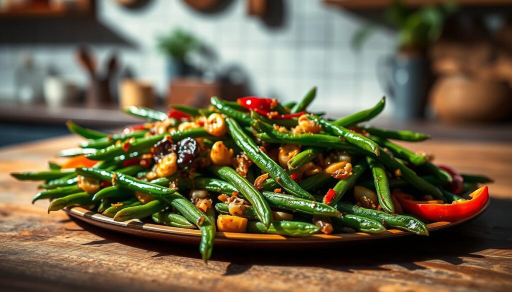 A vibrant arrangement of freshly sautéed green beans, simmered in a zesty mix of garlic, chili peppers, and aromatic spices. The beans are plated atop a wooden surface, casting warm shadows and highlights that accentuate their crisp, colorful appearance. The foreground is in sharp focus, drawing the viewer's attention to the rich, appetizing textures and hues of the dish. In the background, a softly blurred kitchen scene suggests a cozy, homemade setting. Dramatic, directional lighting casts dramatic shadows, creating a sense of depth and dimension. The overall mood is one of rustic, homestyle comfort food with a bold, spicy twist. Variations of Cheesy Green Beans