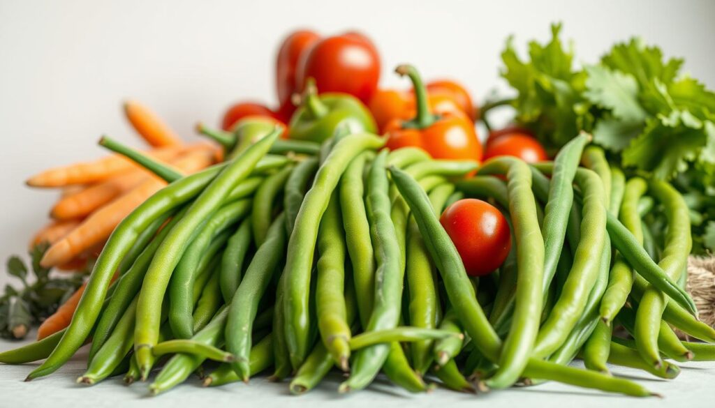 A vibrant array of freshly picked Japanese green beans, their slender emerald stalks glistening under soft, natural lighting. The beans are arranged artfully in the foreground, complemented by a selection of other nutrient-rich vegetables like carrots, bell peppers, and cherry tomatoes in the middle ground. The background features a minimalist, light-colored backdrop, allowing the vibrant colors and textures of the produce to take center stage. The overall composition conveys a sense of health, vitality, and the inherent goodness of these wholesome, flavorful ingredients. Health Benefits of Japanese Green Beans