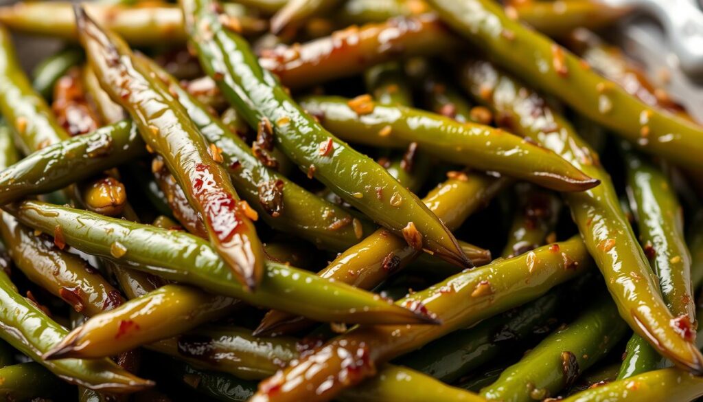 A vibrant, close-up image of freshly smoked green beans, glistening with a light glaze and flecks of seasoning. The beans are arranged in a visually appealing, overlapping pattern, allowing the viewer to appreciate their tender texture and rich, smoky aroma. The lighting is soft and natural, casting gentle shadows that accentuate the beans' curves and contours. The background is slightly blurred, keeping the focus on the hero ingredient and emphasizing its delectable qualities. The overall mood is one of appetizing simplicity, enticing the viewer to imagine the satisfying crunch and flavor of these smoked green beans as a side dish. Why Choose Smoked Green Beans as a Side Dish