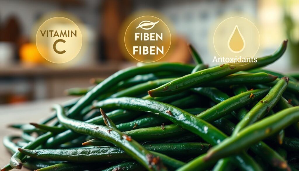 A vibrant close-up image showcasing the health benefits of smoked green beans. In the foreground, a pile of freshly smoked green beans, their dark green hues accentuated by soft, warm lighting. In the middle ground, a variety of nutritional icons - vitamin C, fiber, antioxidants - depicted as glowing, semi-transparent overlays, highlighting the beans' wholesome properties. The background features a serene, blurred kitchen scene, suggesting the homemade, nourishing nature of this dish. The overall composition conveys a sense of rustic simplicity and the natural goodness of this versatile vegetable. Rich in Antioxidants