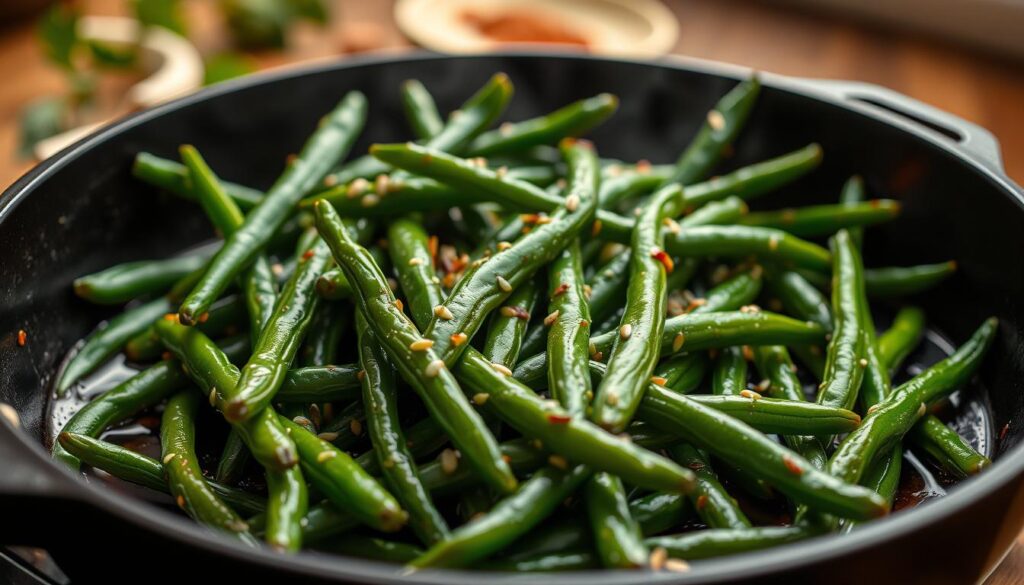 A vibrant close-up of fresh, crisp Japanese green beans sizzling in a cast-iron skillet, bathed in a glistening sauce of soy, sesame, and garlic. The beans are perfectly al dente, with a beautiful dark green hue and slender, tender texture. In the background, hints of aromatic herbs and a sprinkle of toasted sesame seeds add depth and complexity to the flavorful dish. Warm, diffused lighting casts a cozy, inviting atmosphere, highlighting the vibrant colors and enticing the viewer to take a bite of this delectable Asian-inspired side. Flavor Combinations for Tasty Green Bean Dishes
