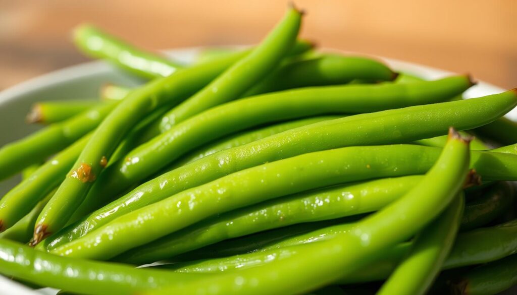 A vibrant, close-up photograph of a pile of freshly steamed Popeyes green beans, glistening with a light coating of olive oil. The beans are arranged in the foreground, their deep green hues contrasting beautifully against a soft, blurred background. Crisp, natural lighting from the side casts delicate shadows, highlighting the bean's tender texture and intricate veining. The scene exudes a sense of health and nourishment, inviting the viewer to appreciate the simple, yet nutritious qualities of this Popeyes side dish. Captured with a high-resolution DSLR camera, the image offers a detailed, appetizing representation of the green bean's beneficial vitamins, minerals, and fiber content. The Nutritional Information of Popeyes Green Beans