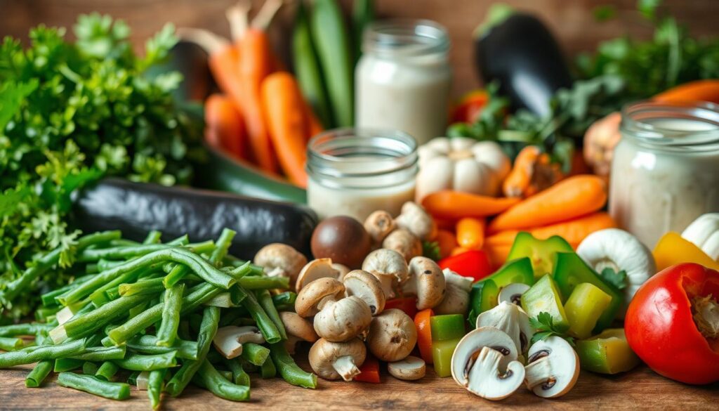 A vibrant, close-up photograph of an assortment of fresh, colorful vegetables and plant-based ingredients arranged on a wooden table. In the foreground, neatly chopped green beans, bell peppers, and mushrooms are displayed, showcasing their natural textures and vibrant hues. The middle ground features a variety of whole, unpeeled vegetables such as carrots, zucchini, and eggplant, creating a sense of abundance. In the background, a few leafy greens, herbs, and a glass jar filled with a creamy, dairy-free sauce or dressing add depth and balance to the scene. The lighting is soft and natural, accentuating the freshness and appeal of the vegan-friendly ingredients. The overall composition is well-balanced, inviting the viewer to imagine the delicious, plant-based recipe that could be created with these wholesome components.