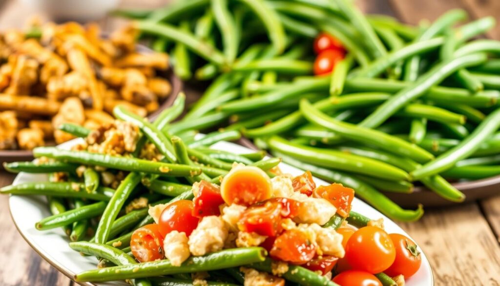 A vibrant, mouthwatering display of easy green bean recipes, bathed in warm, natural lighting. In the foreground, a platter showcases a variety of delectable green bean dishes, each prepared with simple, wholesome ingredients - roasted green beans with garlic and herbs, a creamy green bean casserole, and a zesty green bean salad with cherry tomatoes and a tangy vinaigrette. In the middle ground, an assortment of fresh green beans, their crisp texture and vibrant hue inviting the viewer to imagine the satisfying flavors. The background features a rustic, wooden table setting, evoking a cozy, homemade atmosphere, perfect for exploring these easy, yet flavorful green bean recipes. Variations on the Classic Green Bean Dish