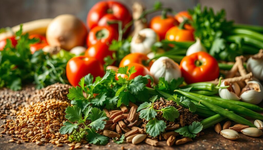 A vibrant still life arrangement of essential Indian cooking ingredients, illuminated by warm, natural light. In the foreground, a collection of aromatic whole spices - cumin, coriander, mustard, and cardamom seeds, alongside a pile of fragrant curry leaves. In the middle ground, a variety of fresh herbs like cilantro, mint, and green chilies, neatly arranged. In the background, an array of colorful, ripe tomatoes, onions, and garlic cloves. The overall composition conveys the rich flavors and aromas integral to authentic Indian cuisine, particularly the preparation of flavorful green bean dishes. Fresh Ingredients