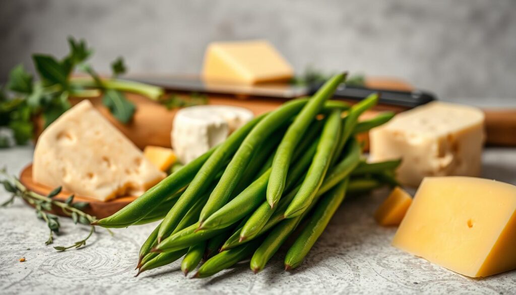 A vibrant still life capturing the fresh, crisp essence of green beans and cheese ingredients. In the foreground, a bundle of lush, verdant green beans, their slender forms glistening under soft, natural lighting. Surrounding them, an assortment of gourmet cheese wedges - sharp cheddar, creamy brie, and tangy parmesan - arranged with care, their textures and hues complementing the beans. In the middle ground, a cutting board with a knife and a sprinkling of herbs, hinting at the flavors to come. The background is a neutral, slightly blurred backdrop, allowing the star ingredients to take center stage. The overall composition exudes a sense of rustic elegance, inviting the viewer to imagine the delicious, cheesy goodness of the perfect savory side dish. Fresh vs. Frozen Green Beans