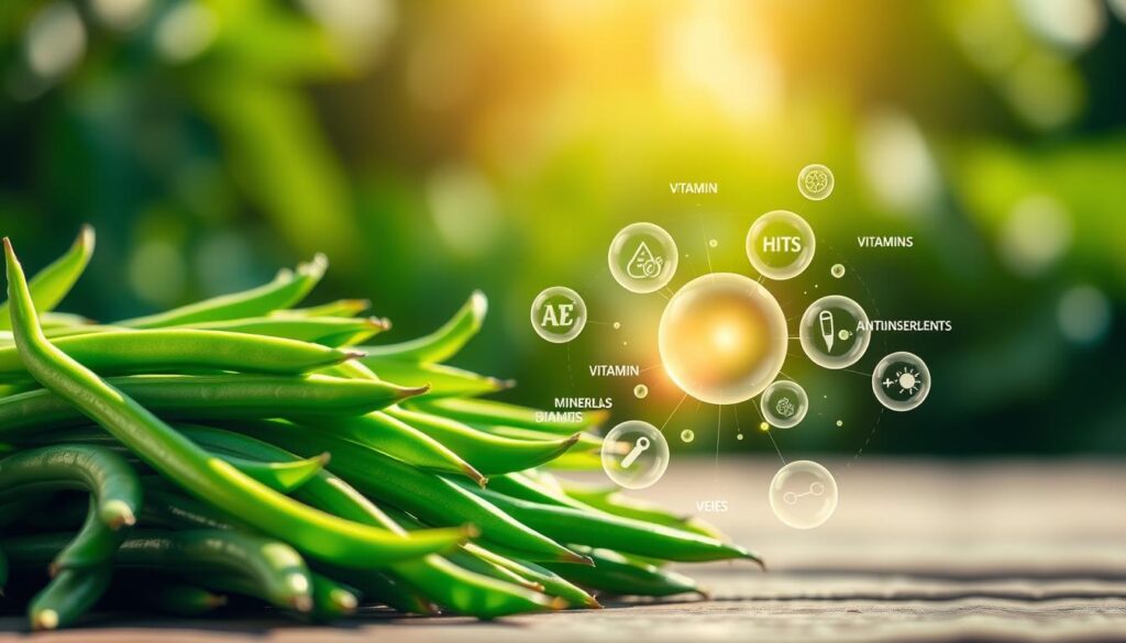 A vibrant still life capturing the health benefits of green beans. In the foreground, a pile of freshly picked green beans, their emerald hues glistening under natural light. In the middle ground, an array of vitamins, minerals, and antioxidants associated with green beans are depicted as glowing, translucent orbs. The background features a soft, blurred gradient evoking a sense of wholesome nourishment. The lighting is warm and diffused, creating a serene, inviting atmosphere. Shot with a shallow depth of field to draw the viewer's attention to the key elements. The overall composition conveys the nutritional value and wellness properties of this versatile vegetable. Heart-Healthy Properties of Green Beans