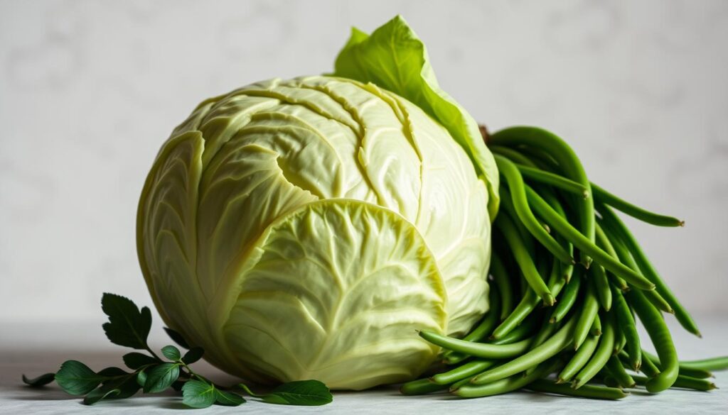 A vibrant still life composition with a crisp, fresh green cabbage taking center stage, its tightly packed leaves glistening under soft, directional lighting. Alongside it, a bundle of slender, verdant green beans cascade gracefully, their vibrant hues complementing the cabbage's pale green tones. The scene is set against a subtly textured, neutral background, allowing the produce to be the focus. The overall mood is one of natural, uncluttered simplicity, highlighting the quality and freshness of the ingredients. A classic 35mm lens perspective captures the scene at eye level, emphasizing the appeal and allure of these essential vegetables. Fresh Cabbage and Green Beans