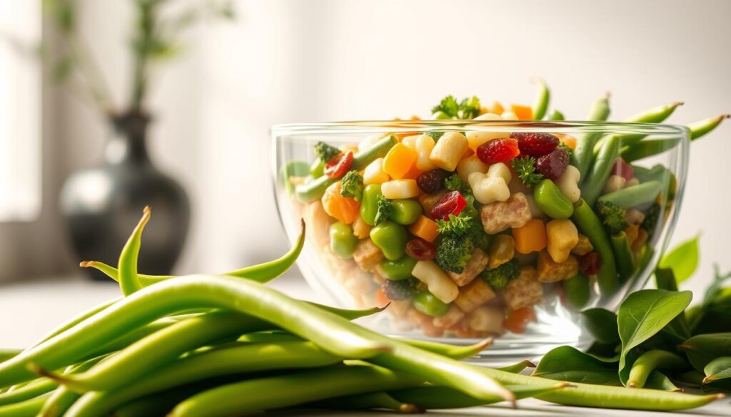 A vibrant still life depicting the nutritional benefits of fresh green beans. In the foreground, a cluster of crisp, vibrant green beans, their delicate textures and organic shapes illuminated by natural lighting. In the middle ground, a transparent glass bowl filled with a medley of essential vitamins, minerals, and antioxidants extracted from the green beans, casting a soft, glowing aura. The background showcases an elegant, minimalist setting, allowing the subject to take center stage and highlighting the health-promoting properties of this versatile vegetable. Captured with a shallow depth of field, the image conveys a sense of simplicity, purity, and the inherent nutritional value of incorporating green beans into one's diet. Health Benefits of Eating Green Beans