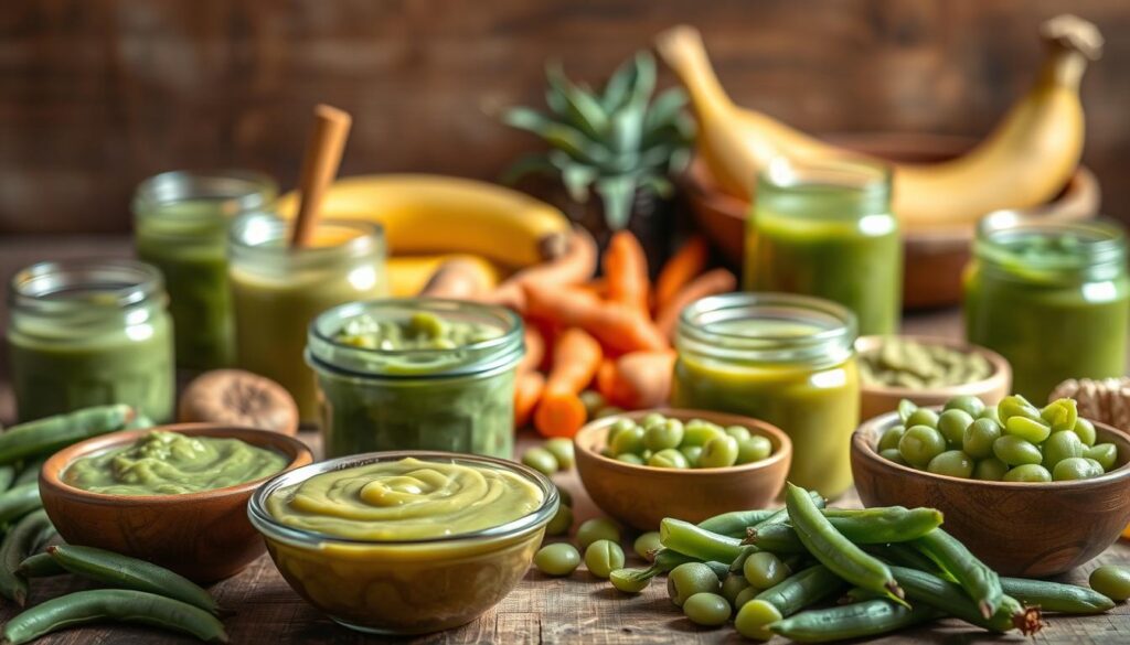 A vibrant still life featuring an assortment of homemade baby food recipes made with fresh, organic green beans. The foreground showcases a variety of textures and colors - purees, mashed, and diced green beans arranged artfully in small bowls and jars. In the middle ground, an array of complementary ingredients like sweet potatoes, carrots, and bananas create a visually appealing composition. The background features a rustic wooden surface with natural lighting softly illuminating the scene, conveying a sense of warmth and nourishment. The overall mood is inviting, wholesome, and inspirational, encouraging creative and nutritious baby food ideas. Baby Food Ideas with Green Beans