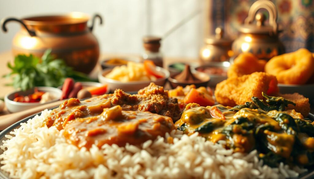 A vibrant still life of authentic Indian vegetarian cuisine, captured in a soft, warm light. In the foreground, a platter of aromatic, freshly prepared dishes - fragrant basmati rice, creamy dahl, sautéed spinach with garlic, and crisp, golden-fried pakoras. The middle ground features an assortment of colorful spices, herbs, and condiments, artfully arranged. In the background, a traditional copper serving vessel and a glimpse of a richly patterned textile, hinting at the cultural context. The composition evokes the comforting, nourishing essence of Indian vegetarian fare, inviting the viewer to experience its flavors and aromas. Indian Cuisine