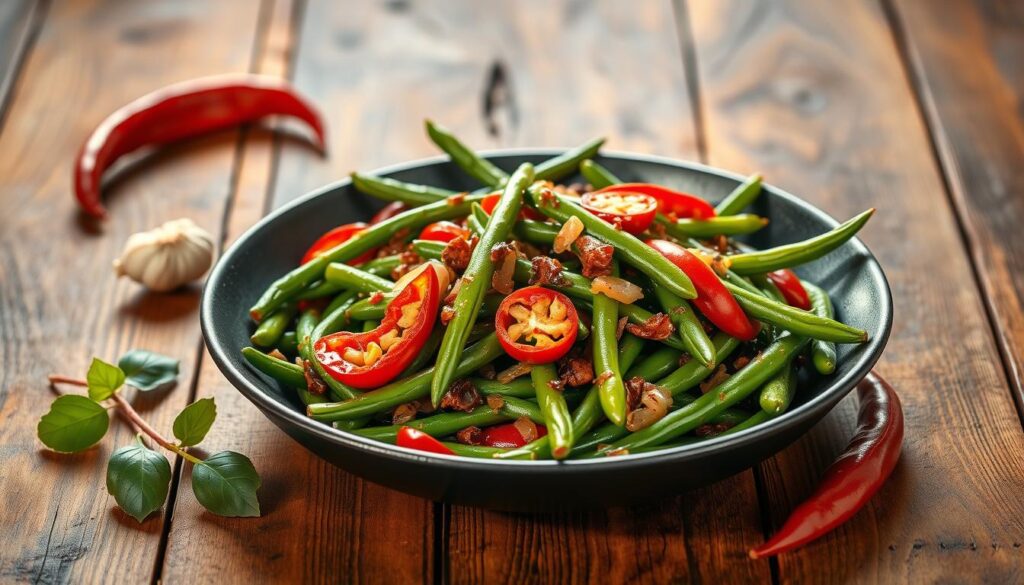 A vibrant still life of spicy Thai green beans, freshly sautéed in a wok with a blend of aromatic herbs and spices. The beans are crisp and tender, glistening with a gently caramelized glaze. Sliced red chilies add a fiery kick, complemented by the fragrant notes of garlic, shallots, and fish sauce. Positioned on a rustic wooden table, the dish is illuminated by warm, natural lighting that casts soft shadows, creating a sense of depth and texture. The composition is balanced, with the green beans taking center stage, surrounded by a minimal background that allows the bold flavors and colors to shine. Healthy Thai Green Beans Curry