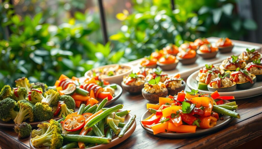 A vibrant still life showcasing a variety of creative veggie dishes, arranged on a rustic wooden table. In the foreground, an assortment of roasted vegetables, including broccoli florets, green beans, and colorful bell peppers, drizzled with a savory sauce. In the middle ground, a selection of vegetable-based appetizers, such as stuffed mushrooms and zucchini boats, garnished with fresh herbs. The background features a backdrop of lush greenery, with natural lighting casting a warm glow over the scene, creating a cozy and inviting atmosphere. Variations on the Healthy Broccoli and Green Beans Recipe
