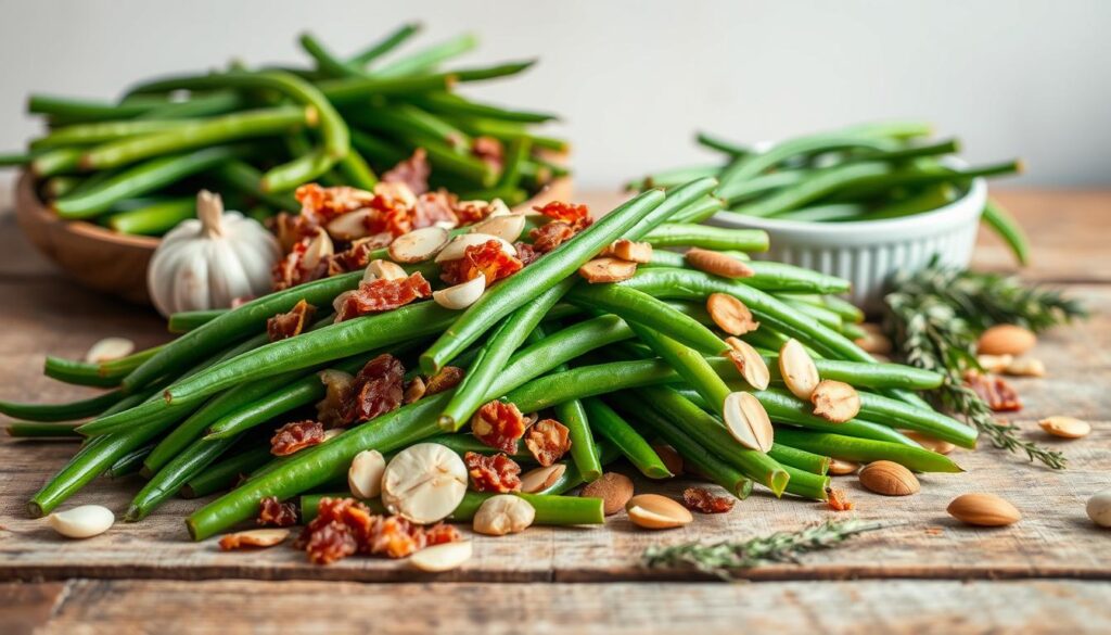A vibrant still life showcasing an array of tempting frozen green bean variations. In the foreground, a bountiful pile of fresh, vibrant green beans arranged artfully. Surrounding them, a medley of flavor-packed accompaniments - roasted garlic cloves, crisp pancetta bits, toasted almond slivers, and sprigs of fragrant herbs. The middle ground features a rustic wooden table, its worn surface complementing the natural tones. Soft, diffused lighting casts a warm, inviting glow, highlighting the textures and colors. In the background, a neutral backdrop, allowing the vibrant produce to take center stage. An image that captures the versatility and appeal of transforming simple frozen green beans into something truly delectable. Flavorful Variations of Frozen Green Beans