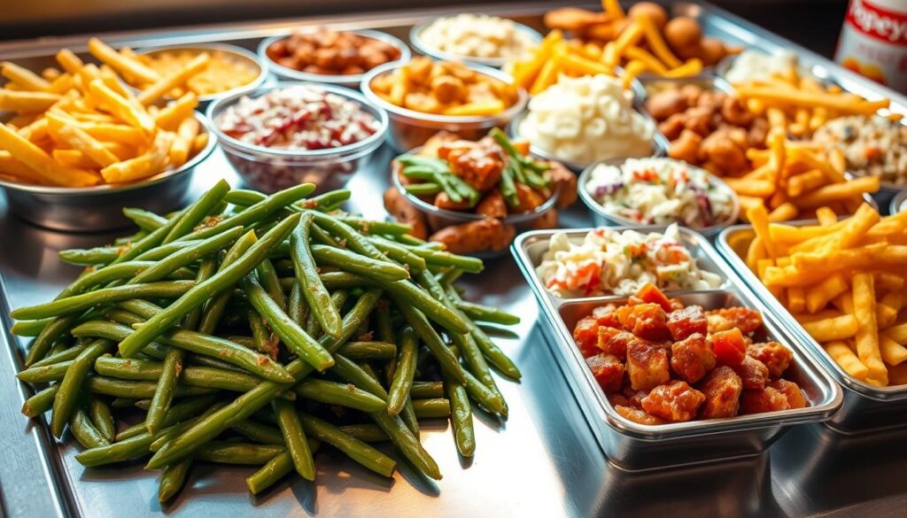 A vibrant tableau showcasing an assortment of side dishes, meticulously arranged on a gleaming stainless steel surface. In the foreground, a generous portion of Popeyes' renowned green beans, their rich hue and succulent texture inviting comparison. Surrounding them, a diverse array of side dish options - crisp golden french fries, fluffy mashed potatoes, vibrant coleslaw, and more. The lighting is soft and natural, casting a warm glow that accentuates the varied textures and colors. The camera angle is slightly elevated, providing a comprehensive view of the spread, allowing the viewer to visually assess the unique qualities of each side dish. The overall mood is one of culinary exploration, enticing the senses and piquing the appetite. Popeyes Green Beans vs. Other Side Dishes