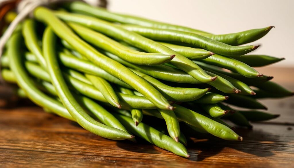 A well-lit, close-up still life showcasing a bundle of gourmet French green beans. The beans are fresh, vibrant, and neatly arranged on a wooden surface, highlighting their slender shape, rich green hue, and delicate texture. The lighting is soft and natural, casting gentle shadows that accentuate the beans' form. The background is a simple, neutral tone, allowing the produce to take center stage. The overall composition conveys a sense of high-quality, artisanal ingredients ready to be savored. How to Select and Store Gourmet French Green Beans