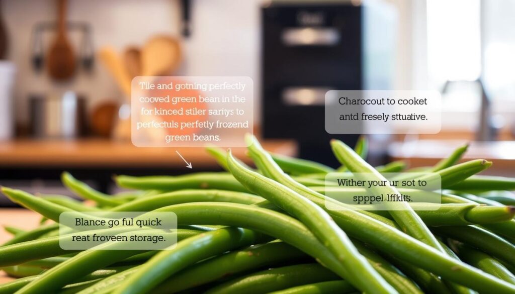 A well-lit, high-resolution close-up photograph of fresh, vibrant green beans arranged neatly in the foreground, showcasing their crisp texture and natural color. In the middle ground, informative text overlays provide concise tips and techniques for achieving perfectly cooked frozen green beans, such as blanching, quick-freezing, and proper storage. The background features a warm, neutral-toned kitchen setting, with utensils and equipment subtly visible, conveying a sense of culinary expertise and attention to detail. The overall mood is one of informative, instructional guidance, inspiring the viewer to create delicious, flavorful frozen green bean dishes. Making the Best Frozen Green Beans Recipe