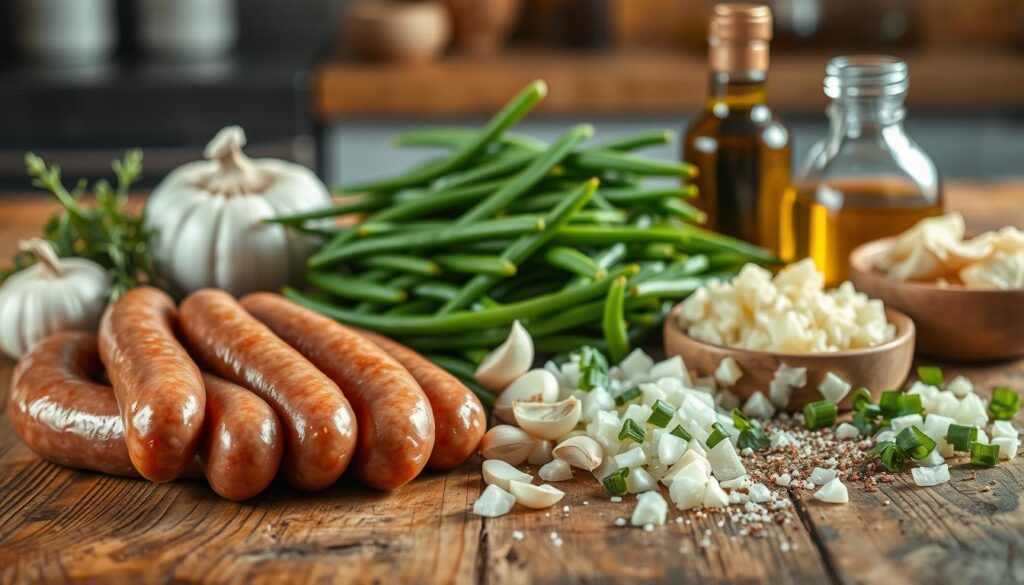 A well-lit, high-resolution image of various ingredients laid out on a rustic wooden table, including links of savory sausage, fresh green beans, garlic cloves, diced onions, olive oil, and a sprinkle of seasonings like salt and pepper. The ingredients are neatly arranged in the foreground, with a soft, blurred background that hints at a cozy kitchen setting. The lighting is warm and natural, accentuating the textures and colors of the fresh produce. The overall mood is one of simplicity, inviting the viewer to imagine the delicious, homemade meal to come. Ingredients for the Best Sausage and Green Beans Recipe